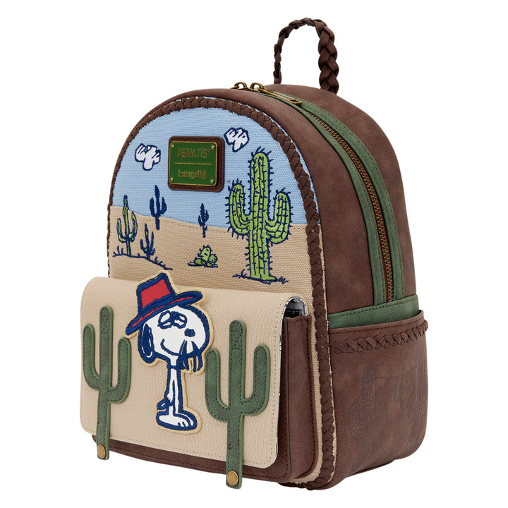 Backpack with desert-themed design and cartoon character on a white background