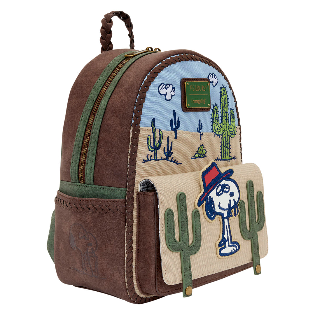 Backpack with desert-themed design featuring cacti and a character, on a white background.