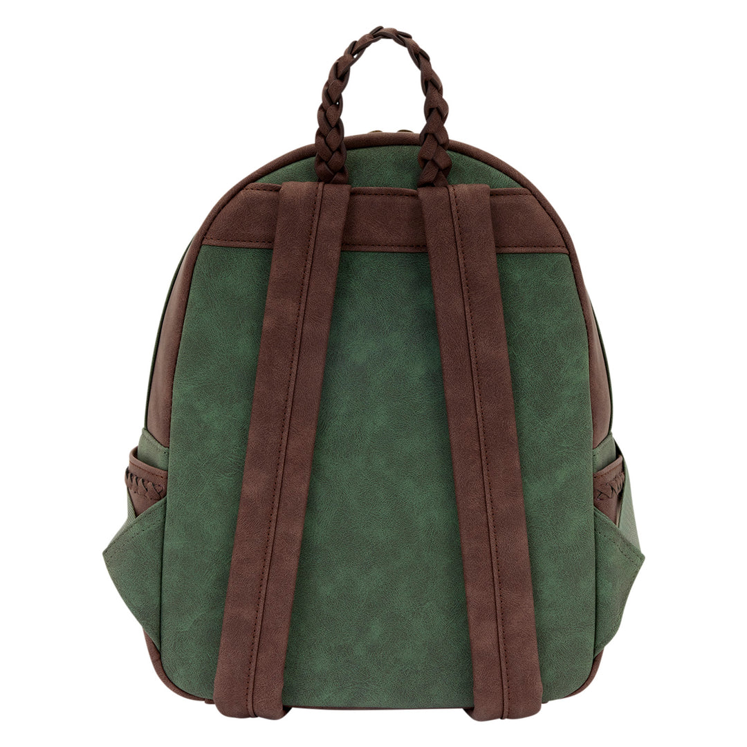 Green backpack with brown straps on a white background