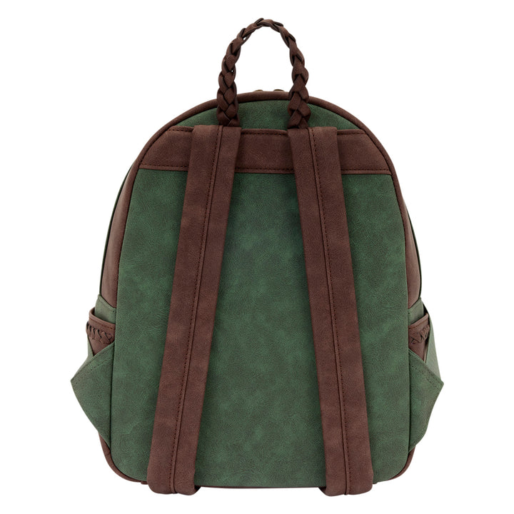 Green backpack with brown straps on a white background