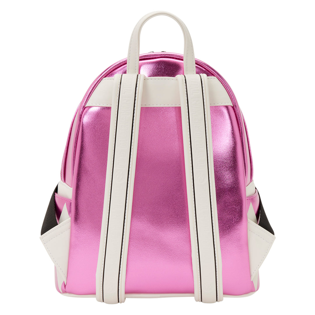 Pink metallic backpack with white straps on a white background