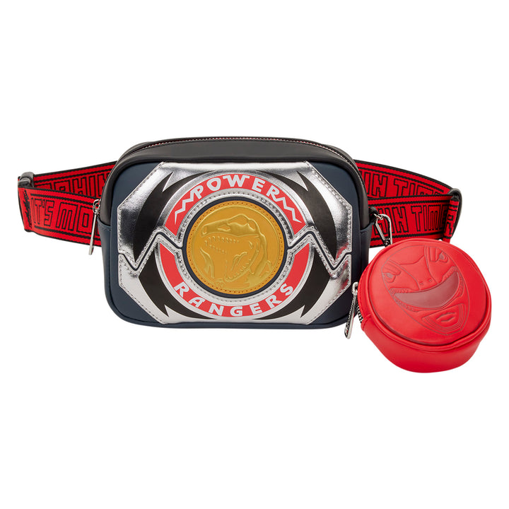 Power Rangers belt bag with red and black strap and keychain on a white background