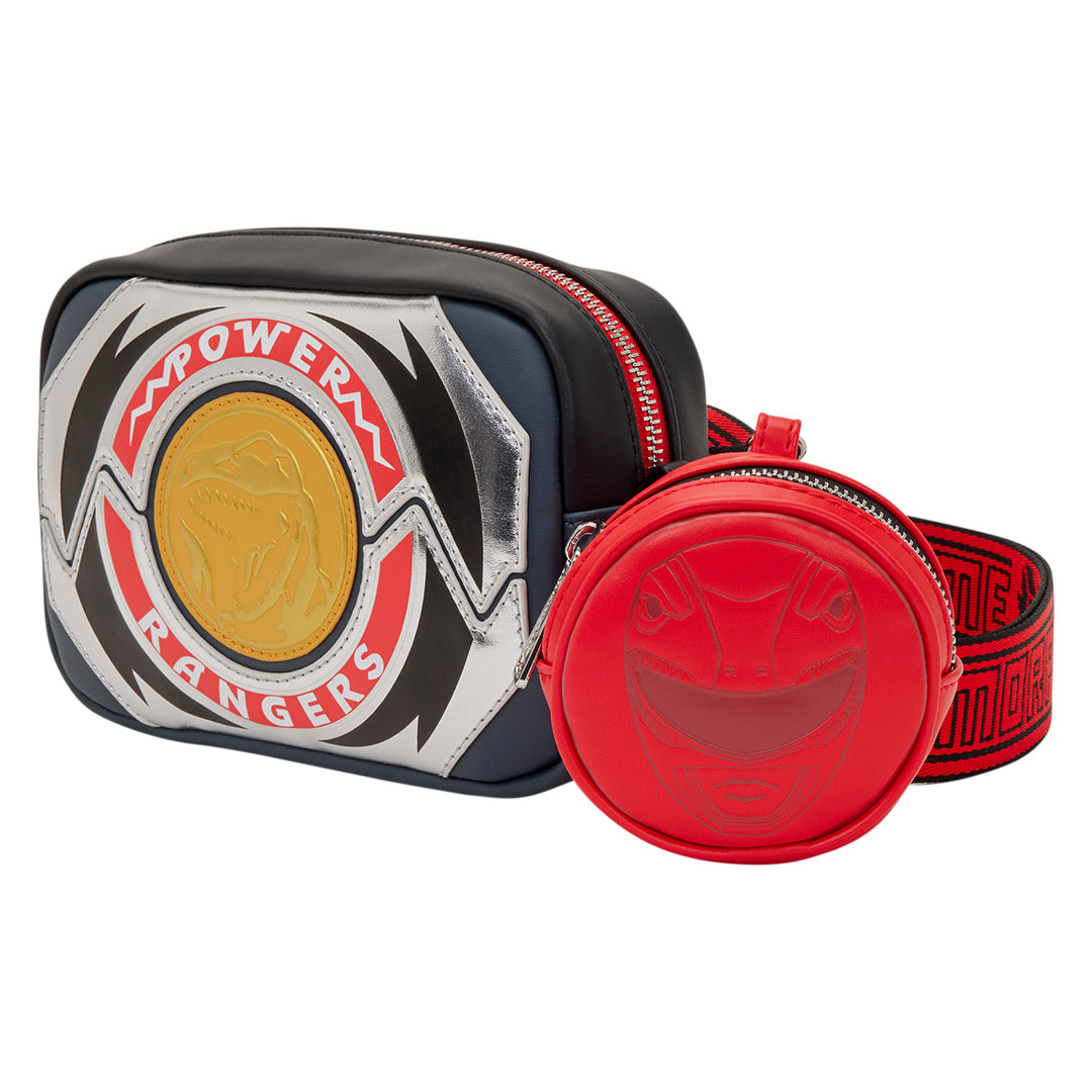 Power Rangers belt with red circular pouch and black rectangular pouch on a white background