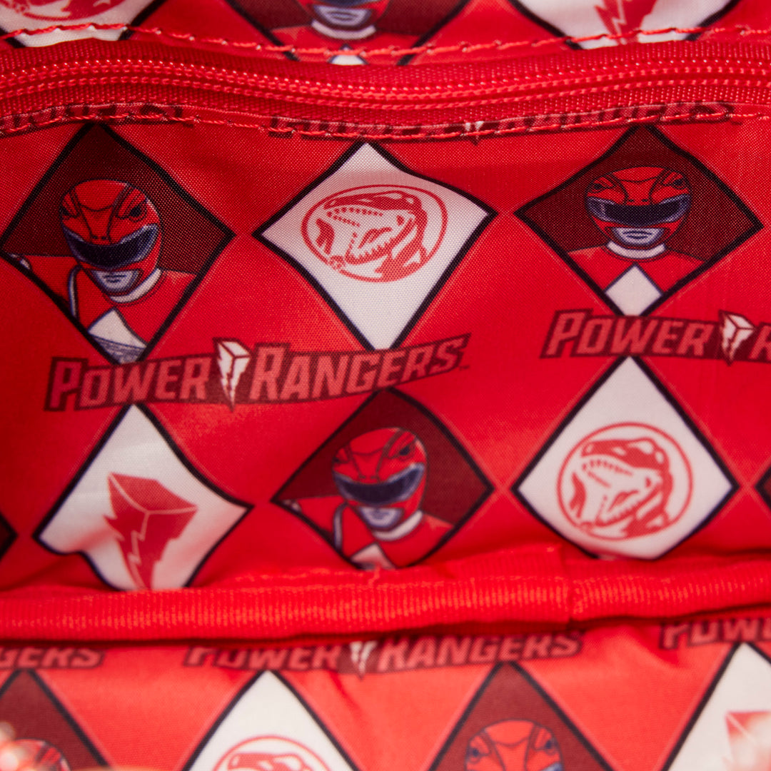 Red Power Rangers bag with multiple logos on a red background