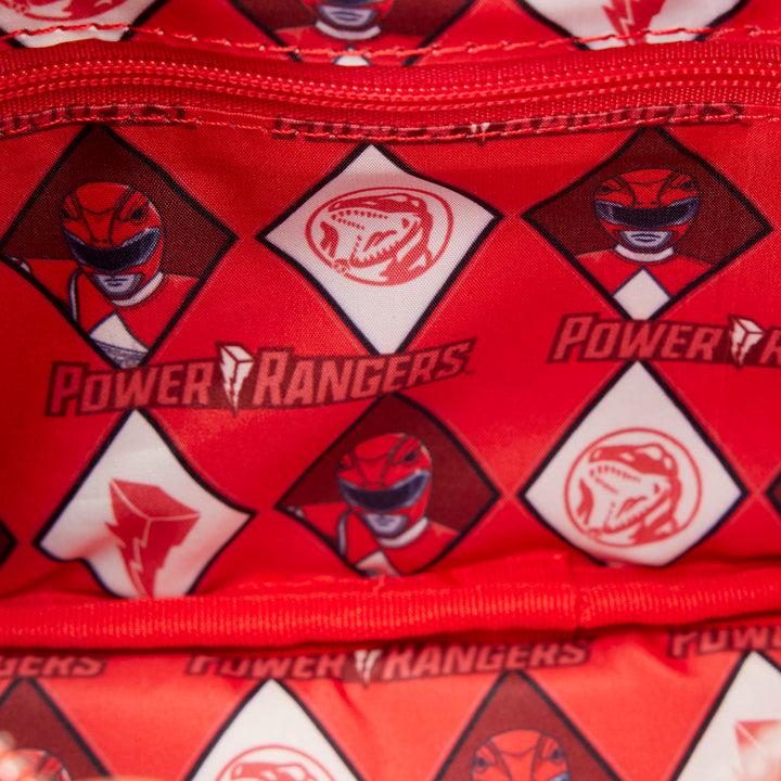 Red Power Rangers bag with multiple logos on a red background