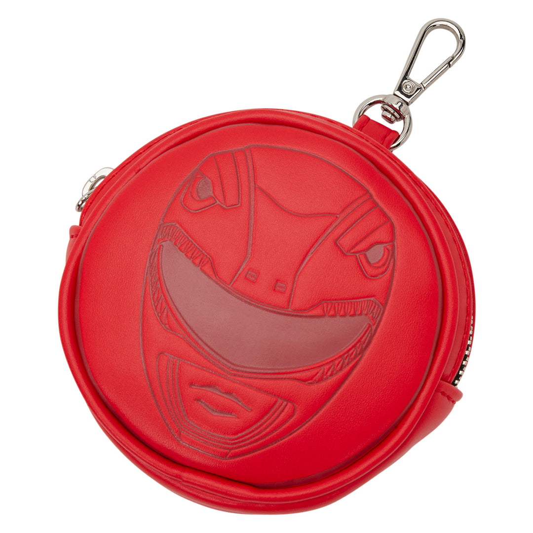 Red round pouch with a face design on a white background
