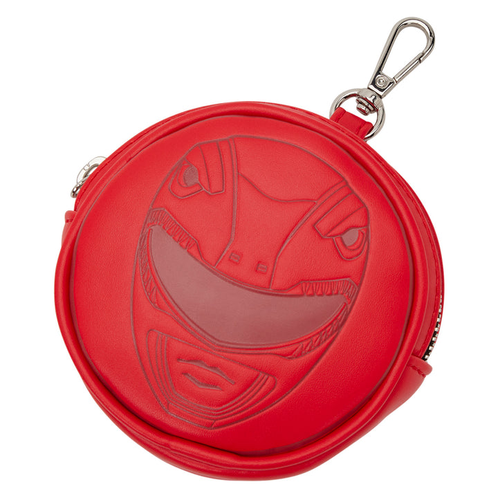 Red round pouch with a face design on a white background