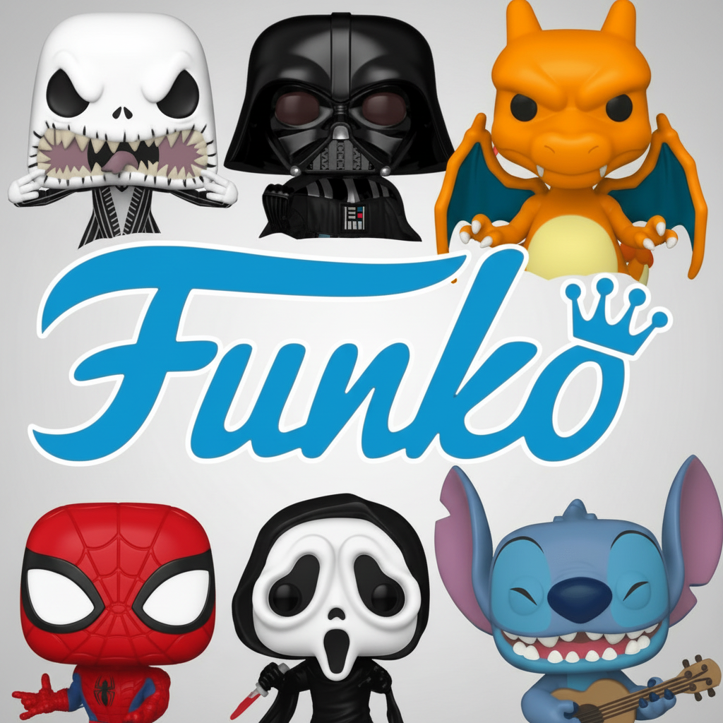 Funko Pop! vinyl figures including a skeleton, Darth Vader, dragon, Spider-Man, ghost, and Lilo & Stitch with the Funko logo.