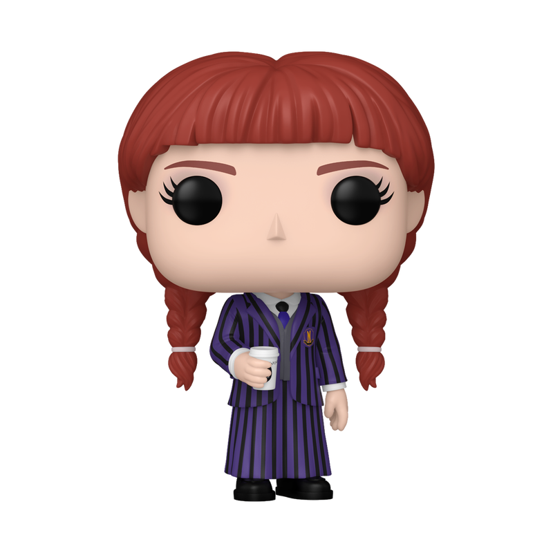 Funko Pop! vinyl figure of a character with red hair in pigtails, wearing a striped outfit and holding a cup.