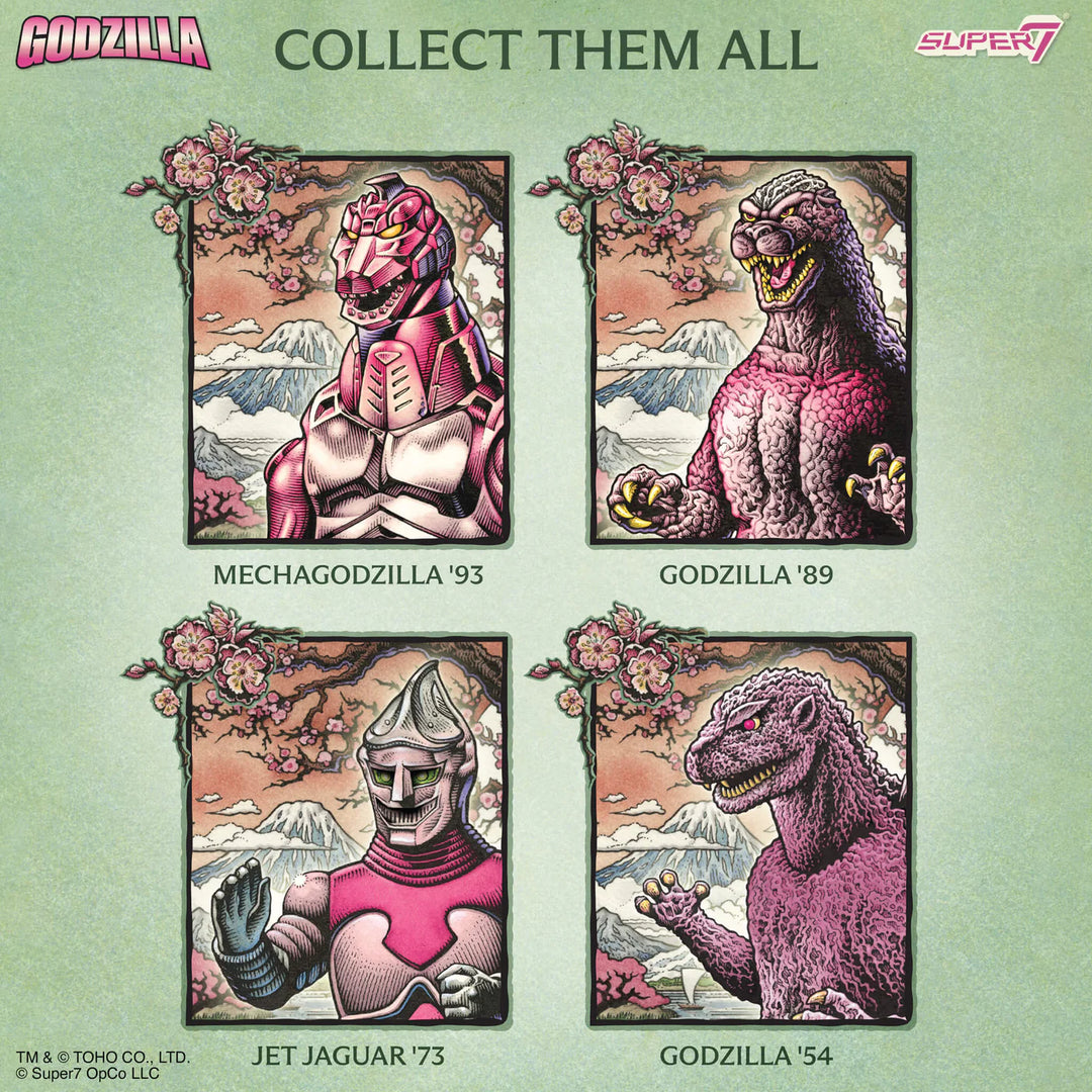 Four illustrations of Godzilla and Mechagodzilla with cherry blossoms and mountains on a light green background.