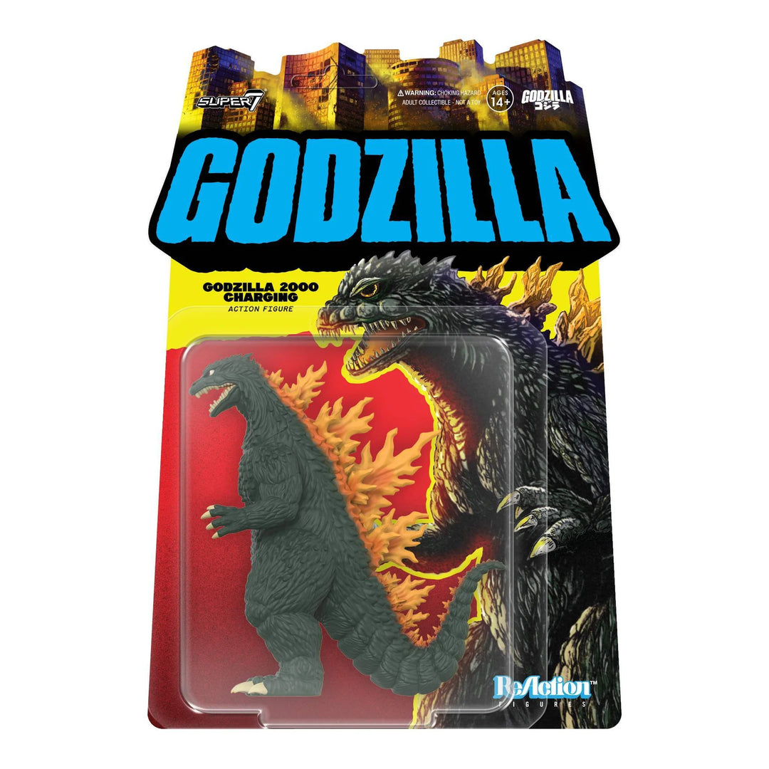 Toy figure of Godzilla in packaging with colorful background