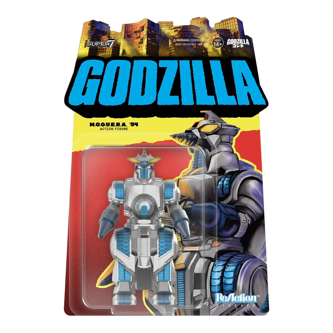 Packaged toy figure of Godzilla with colorful cityscape background