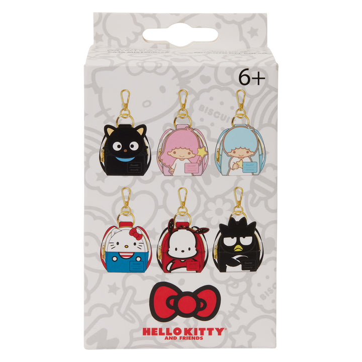 Packaged Hello Kitty and Friends keychains on a white background