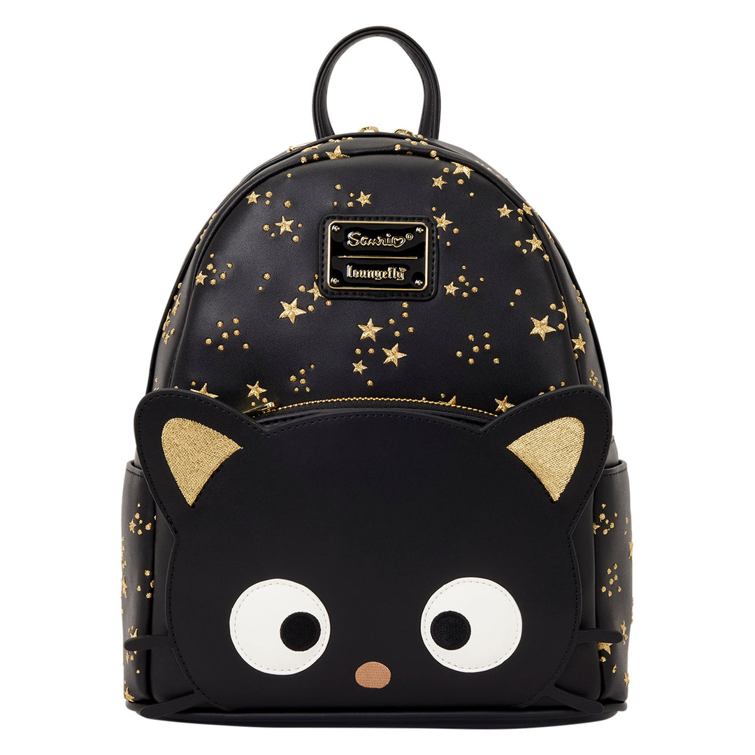 Black cat-shaped backpack with gold star pattern on a white background