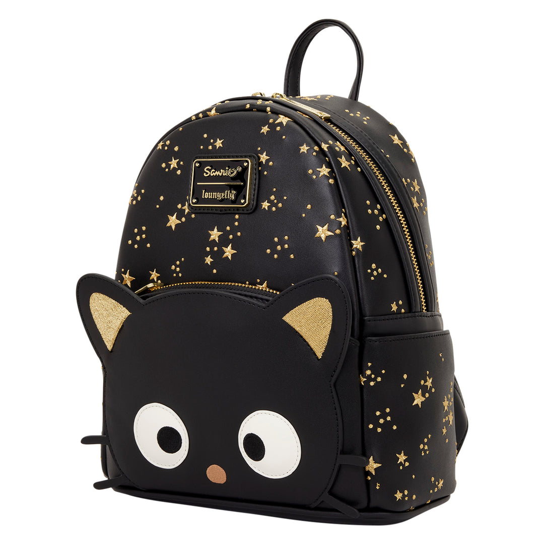 Black backpack with gold star pattern and cat face design on a white background