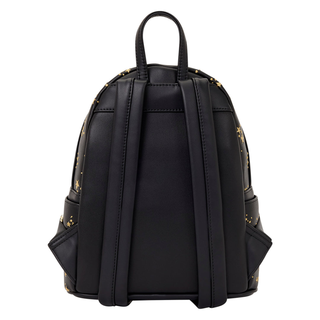 Black backpack with gold accents on a white background
