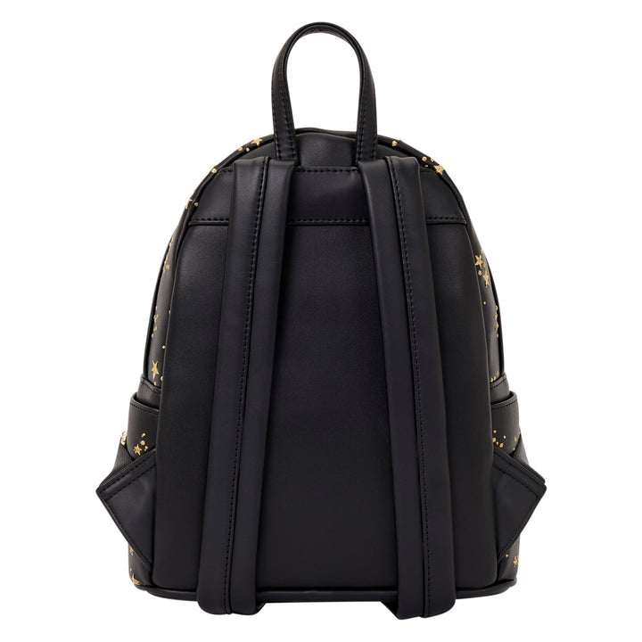 Black backpack with gold accents on a white background