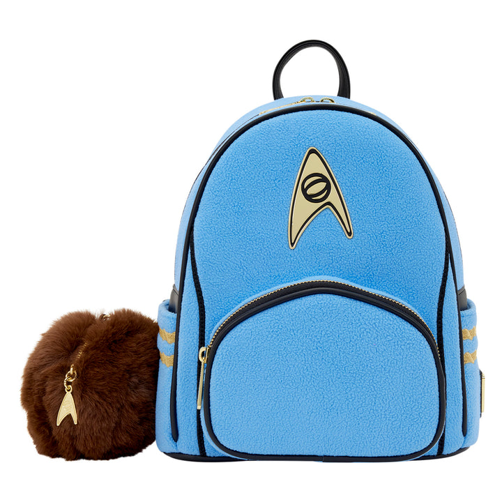 Blue backpack with Star Trek logo and matching hairpiece on a white background