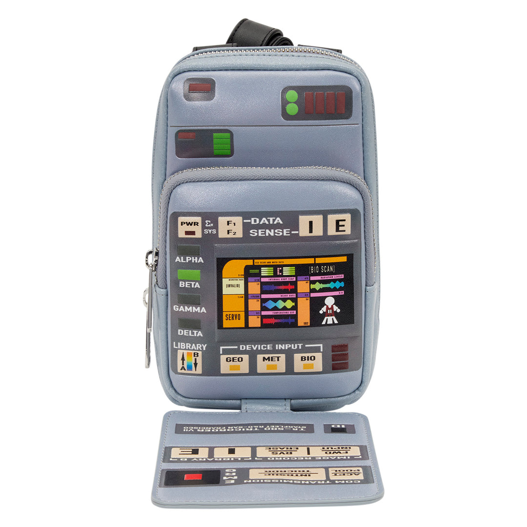 Futuristic device-shaped pouch with digital display and control panel on a white background