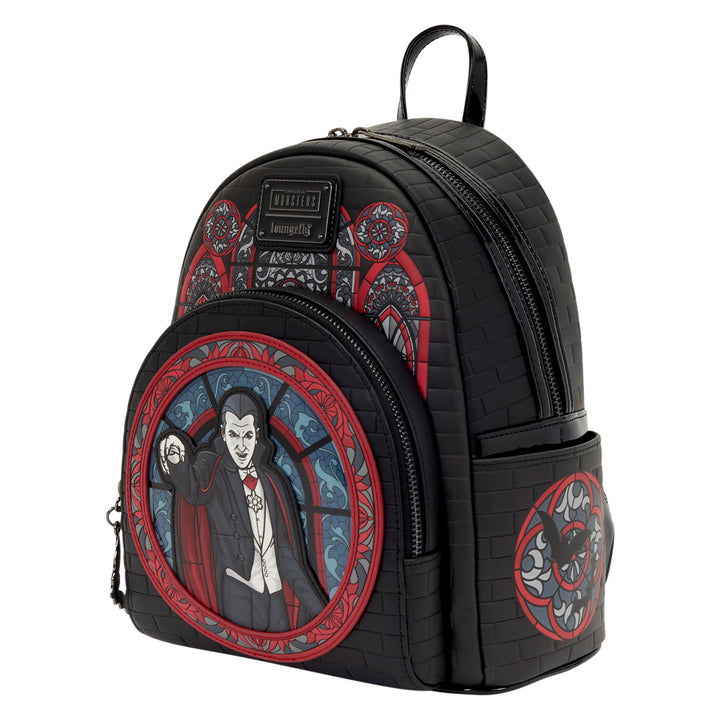 Black backpack with Dracula design on a white background