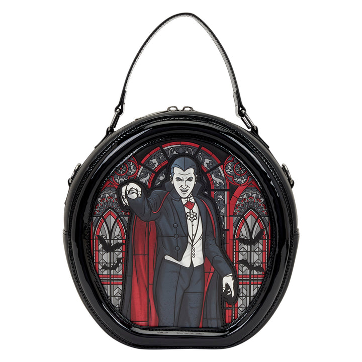 Round bag with a design of a man in a suit and red cape, inspired by stained glass art, on a white background.