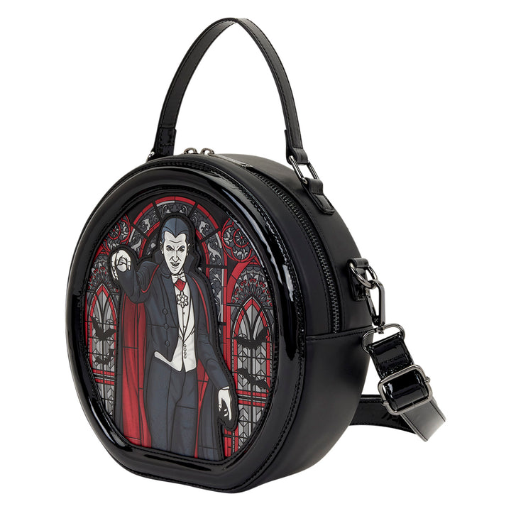 Black round handbag with a Dracula design on a white background