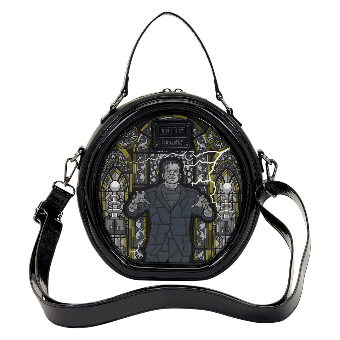 Round black handbag with a stained glass design featuring a person in a suit on a white background
