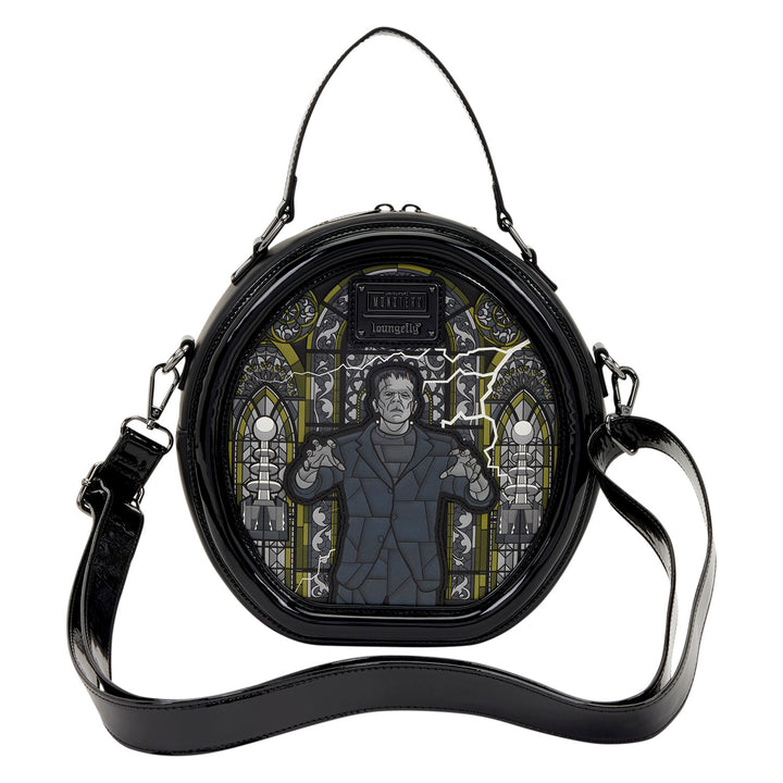 Round black handbag with a stained glass design featuring a person in a suit on a white background
