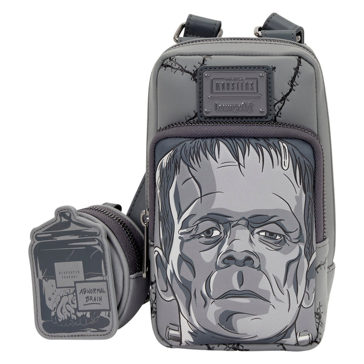 Gray crossbody bag with Frankenstein design on a white background