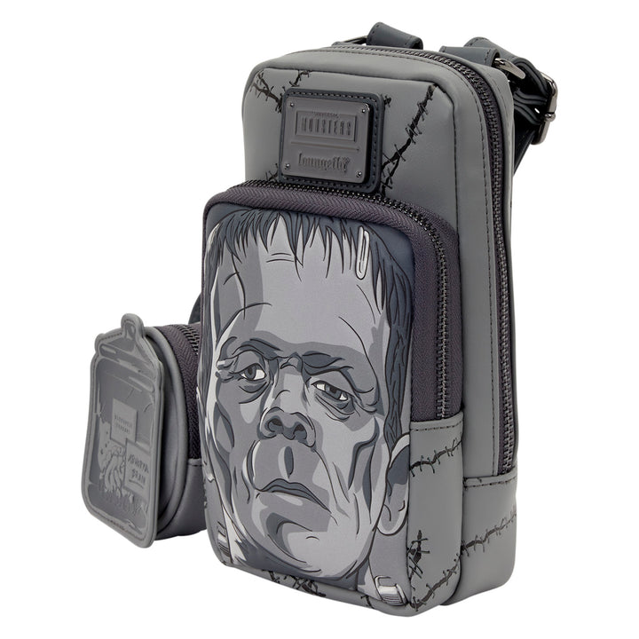 Gray pouch with a graphic design of a face on a white background