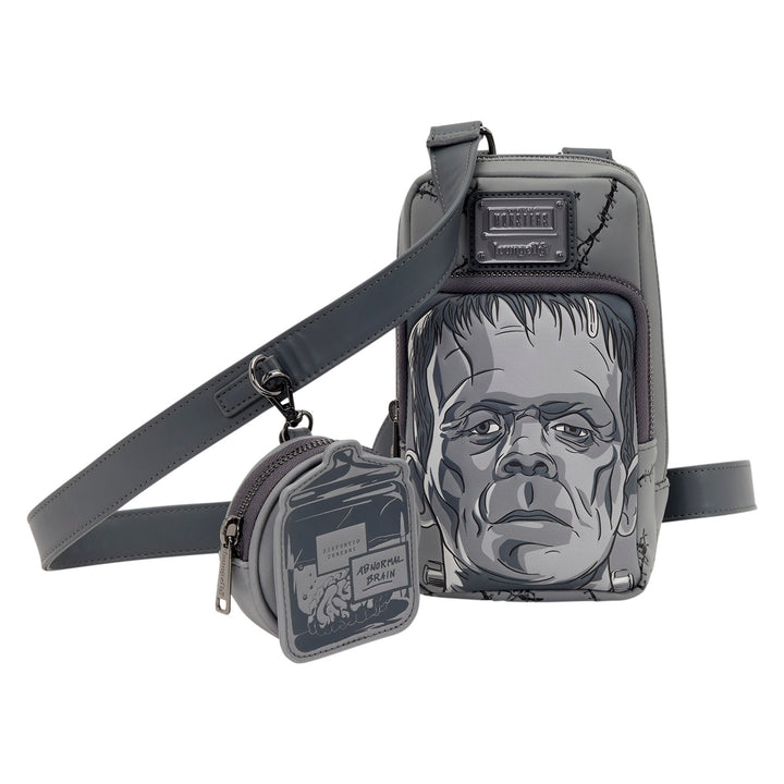 Crossbody bag with a design of a character's face on a white background