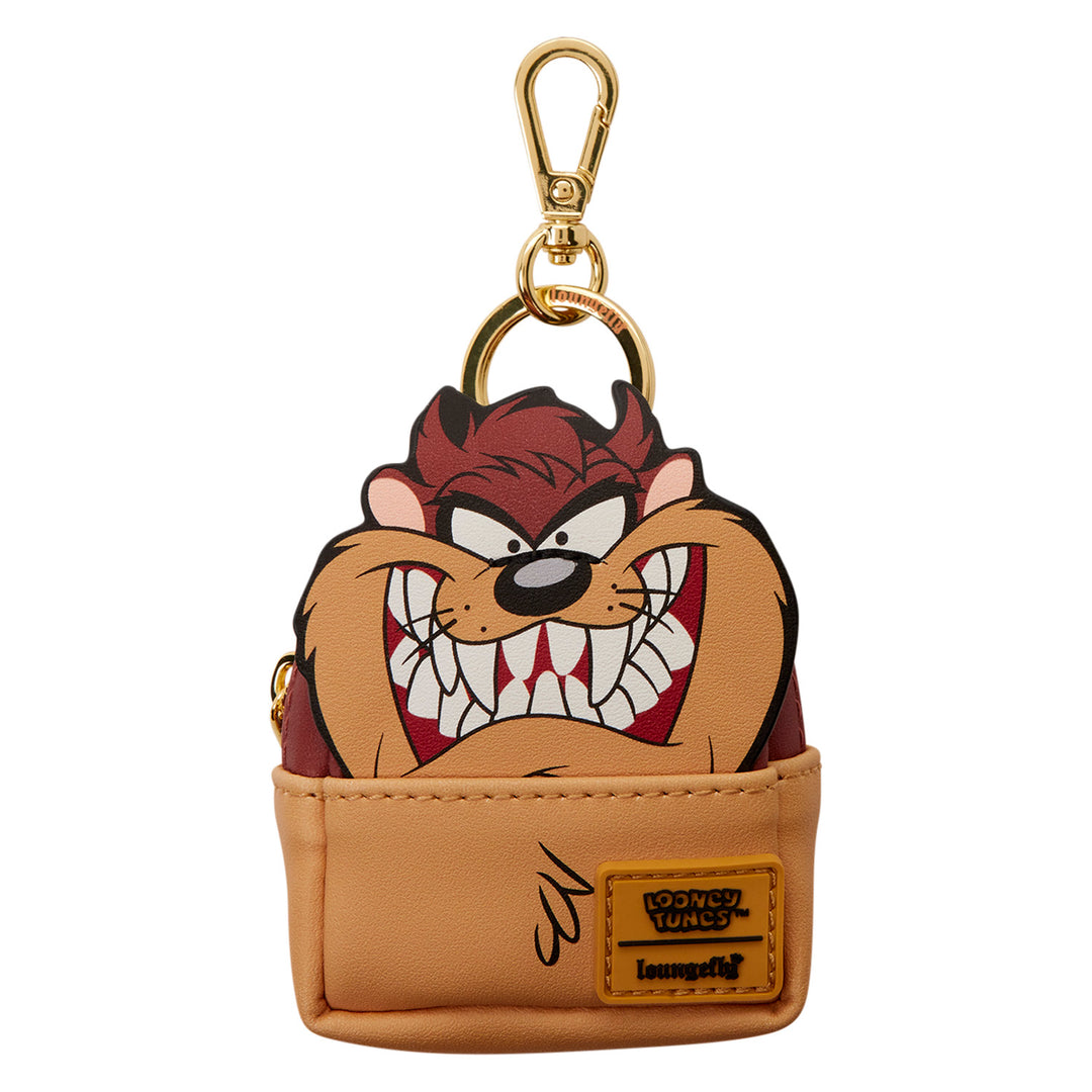 Tan pouch with cartoon character face design on a white background