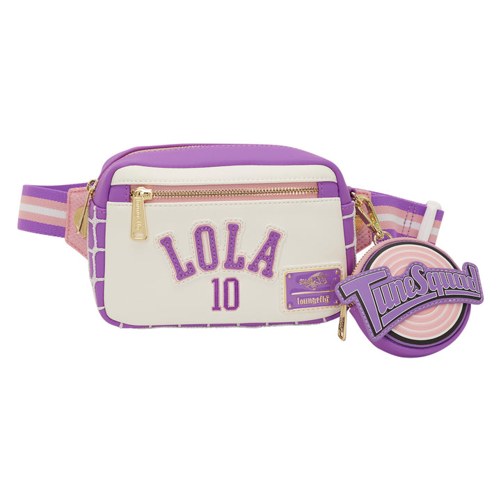 Purple and beige waist bag with 'Lola 10' text and a matching round keychain on a white background.