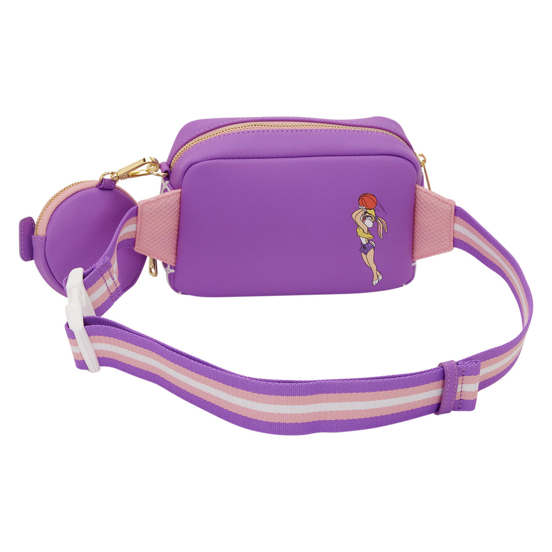 Purple waist bag with a striped strap on a white background
