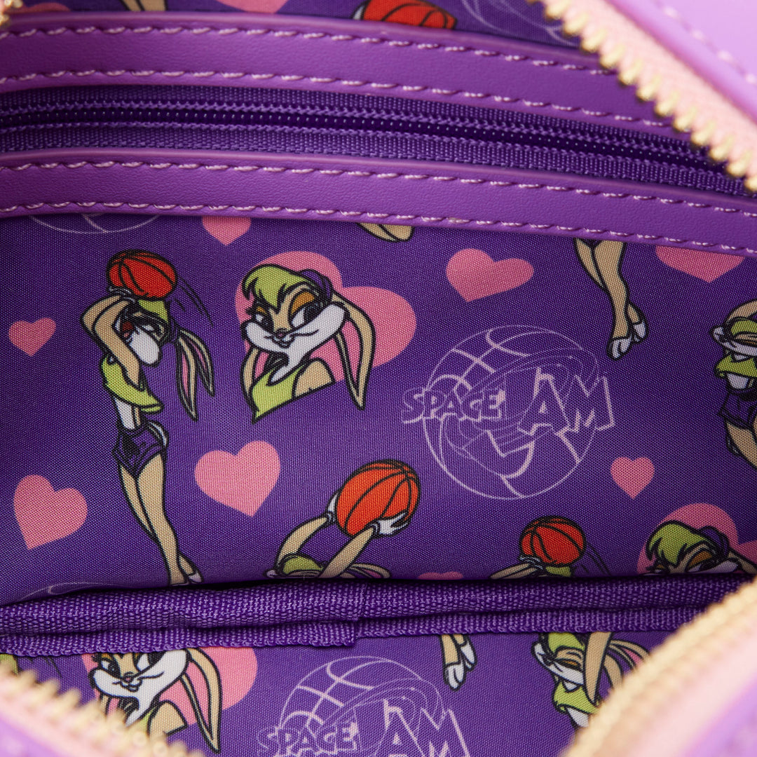 Purple bag with cartoon character design and 'Space Jam' logo
