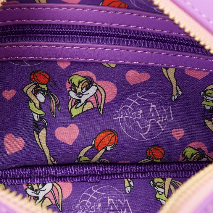 Purple bag with cartoon character design and 'Space Jam' logo