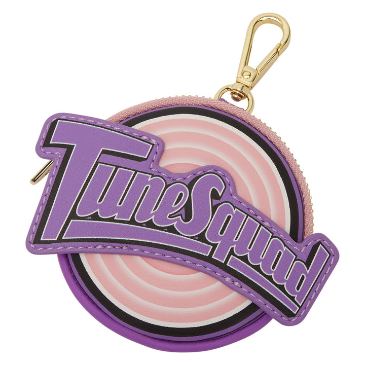 Coin purse with 'TuneSquad' logo and pink and purple design on a white background