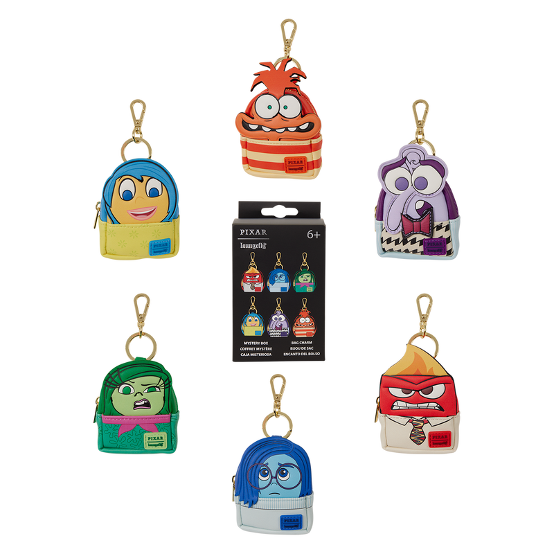 Set of colorful character keychains from Pixar on a white background