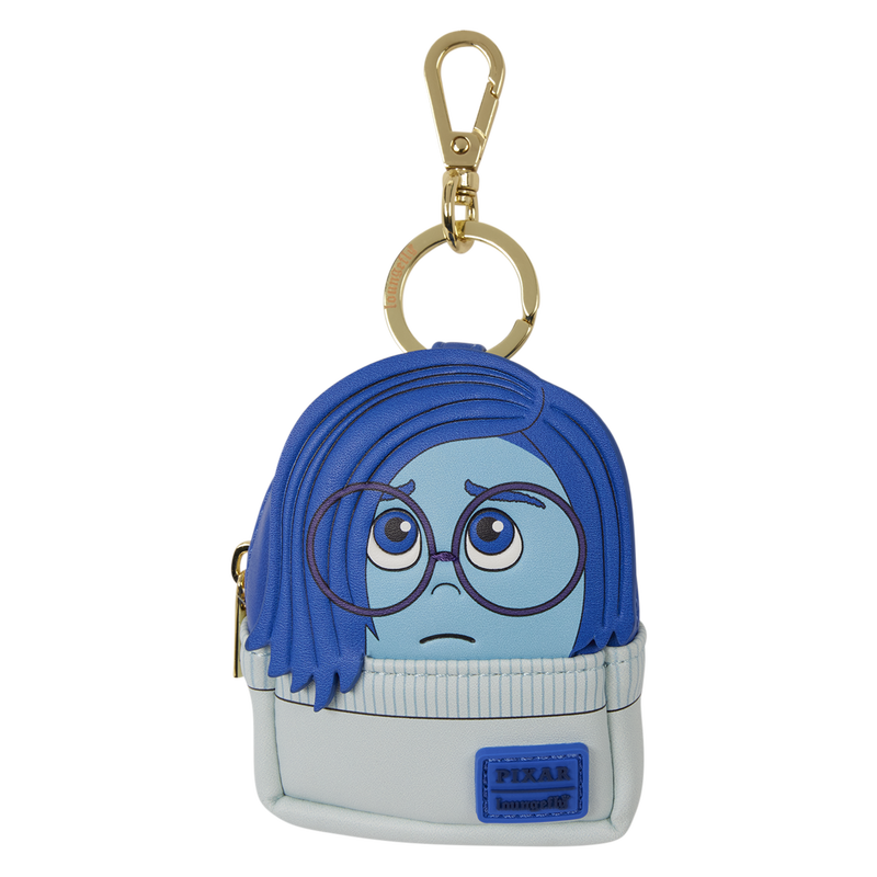 Keychain with a character design featuring blue hair and glasses on a white background