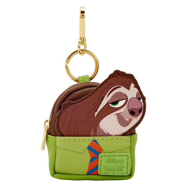 Sloth-shaped keychain with a green pouch on a white background