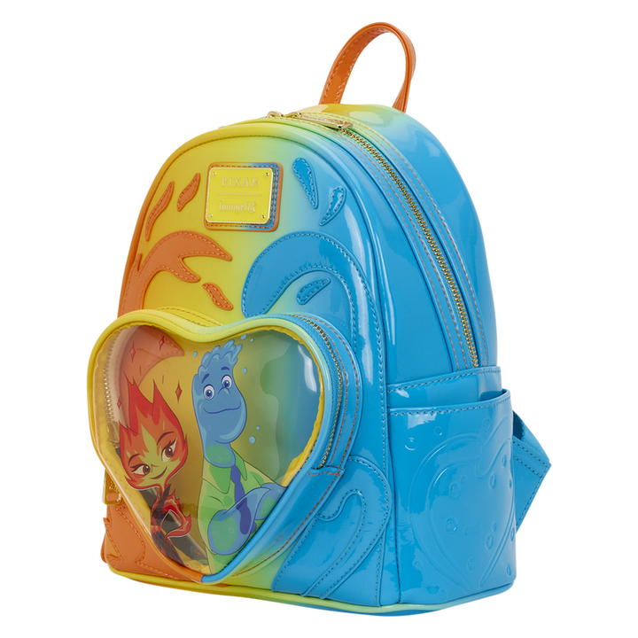 Colorful backpack with cartoon characters on a white background