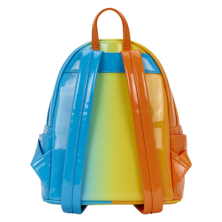 Colorful transparent backpack with blue, yellow, and orange sections on a white background