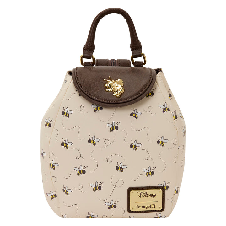Small backpack with bee pattern and brown top section on a white background
