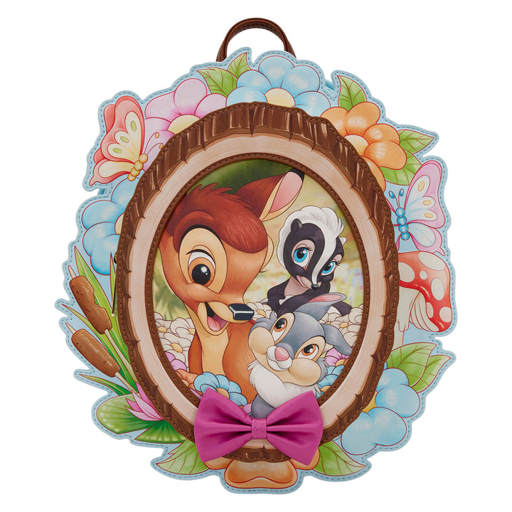 Decorative wall hanging with cartoon characters in a wooden frame surrounded by flowers and butterflies.