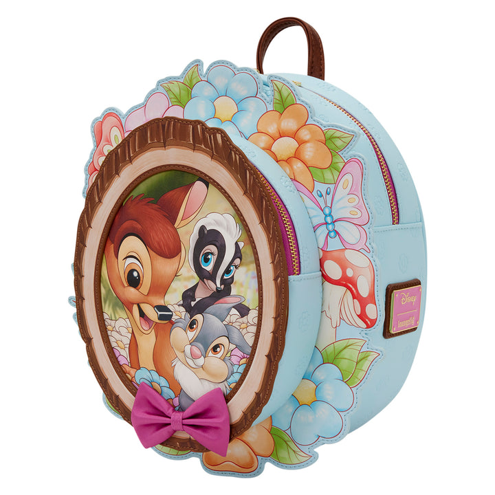 Children's backpack with cartoon characters and floral design on a white background