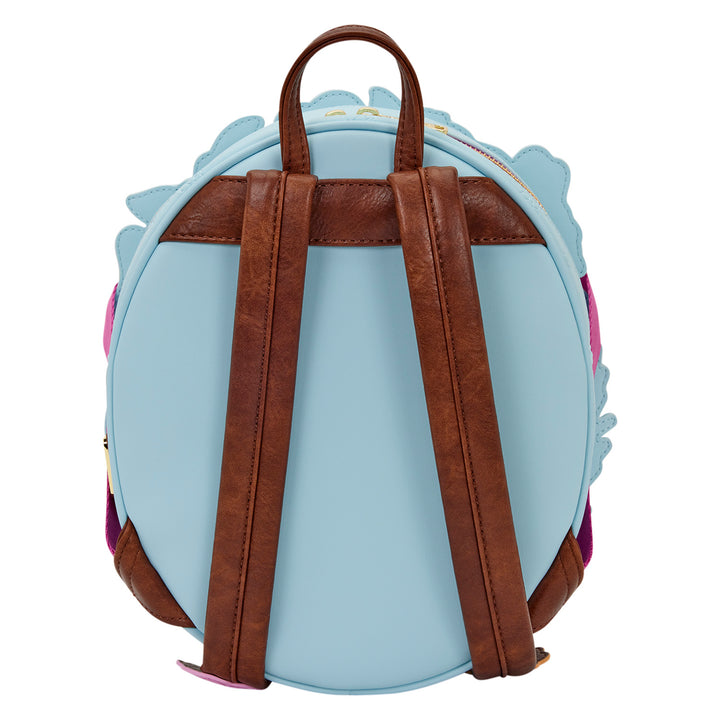 Light blue backpack with brown straps on a white background