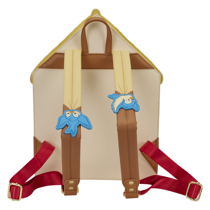 Backpack with blue owl designs on straps against a white background