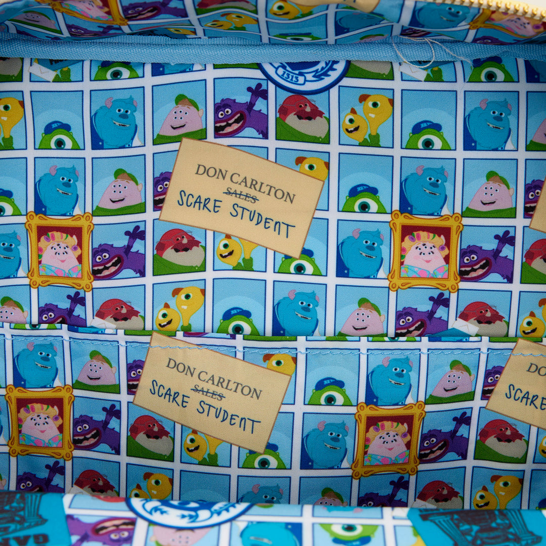 Patterned bag with cartoon characters and name tags on a blue background