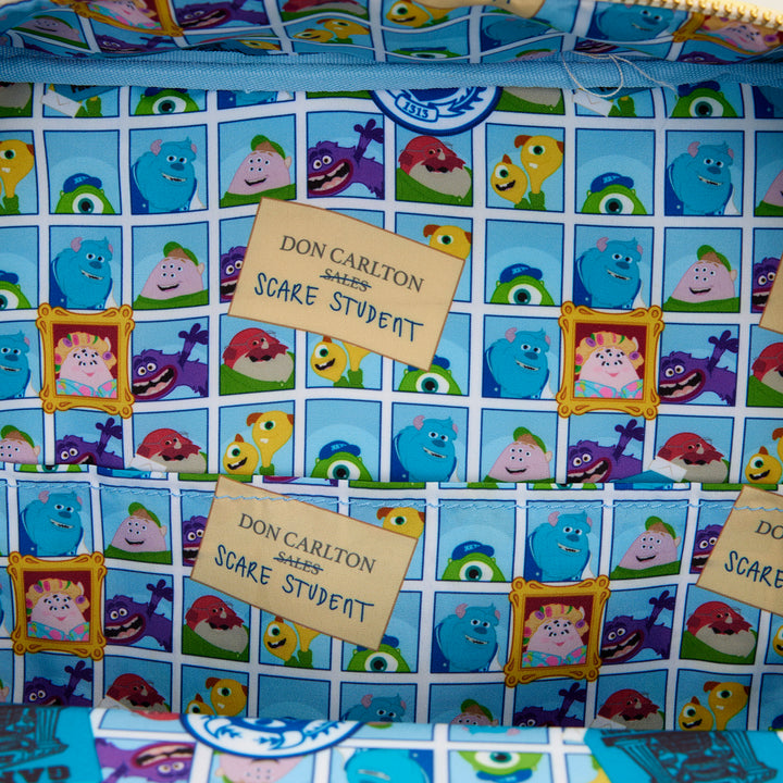 Patterned bag with cartoon characters and name tags on a blue background
