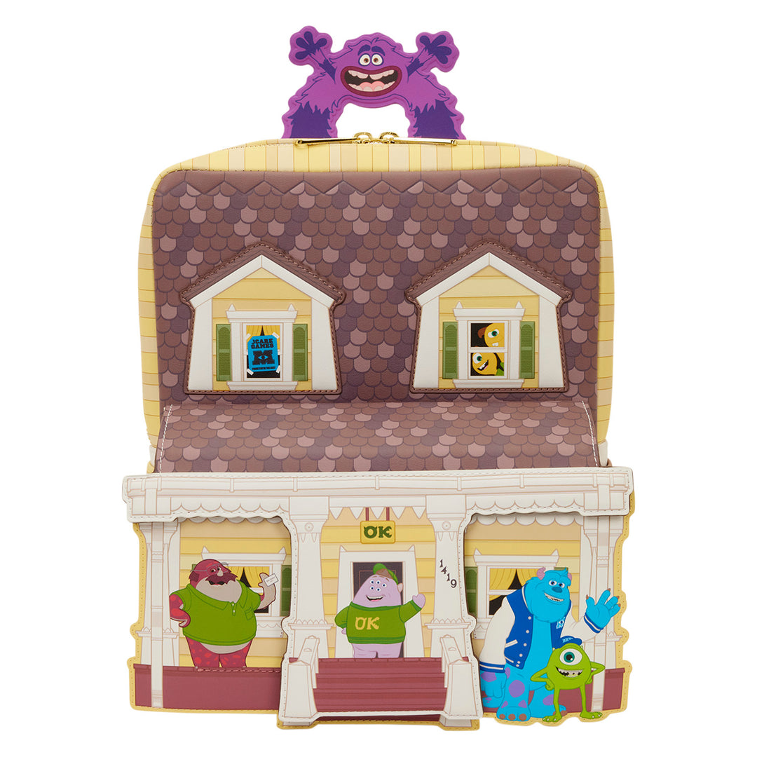 Toy house with character figures on a white background